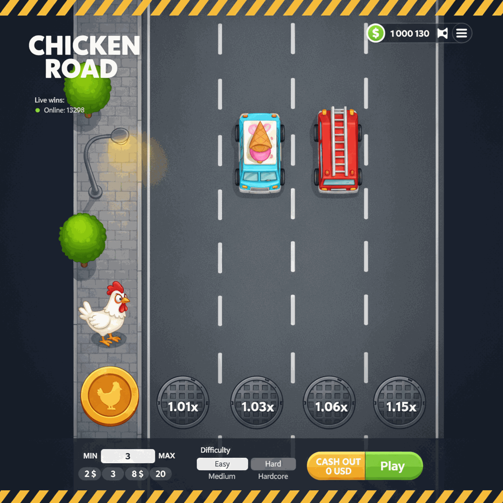 Chicken Road Crash-Spiel – ein mutiges Huhn überquert eine mehrspurige Straße mit fahrenden Autos, während der Multiplikator bei jeder sicher überquerten Spur steigt