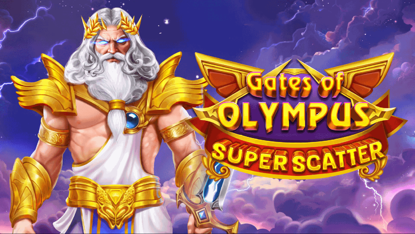 Symmetrisch komponiertes Arthouse-Motiv von Gates of Olympus Super Scatter mit Zeus im Zentrum, umgeben vom goldgerahmten 6x5-Walzenfeld mit grünem Globus, blauem Diamant und dem Super-Scatter-Symbol vor gedämpftem Wolkenhimmel